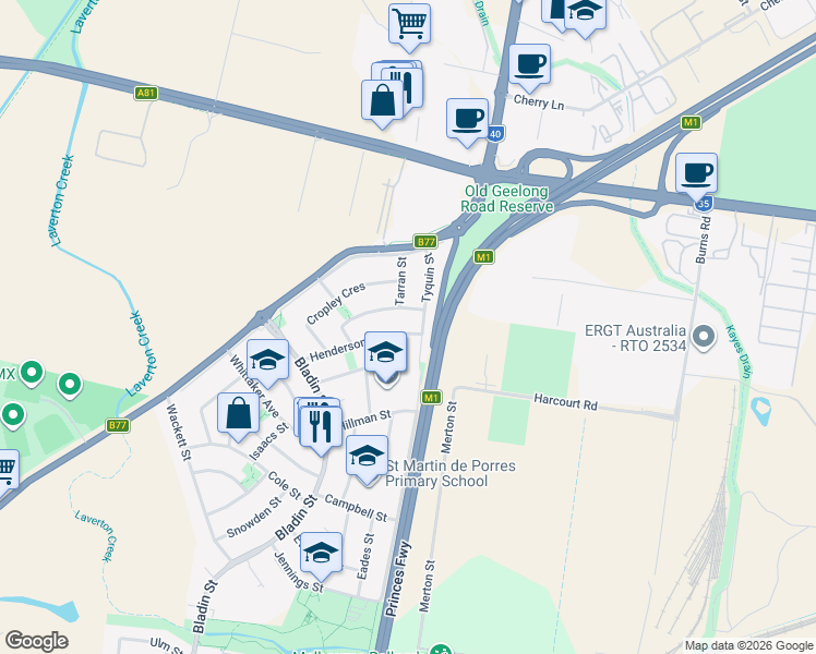 map of restaurants, bars, coffee shops, grocery stores, and more near 37 Henderson Street in Laverton