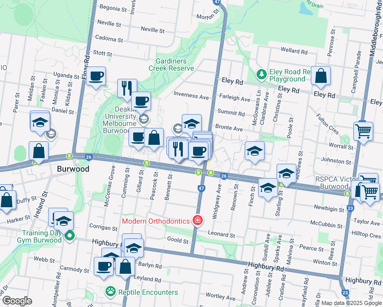 map of restaurants, bars, coffee shops, grocery stores, and more near 7 Delany Avenue in Burwood