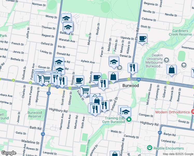 map of restaurants, bars, coffee shops, grocery stores, and more near 7 Parer Street in Burwood