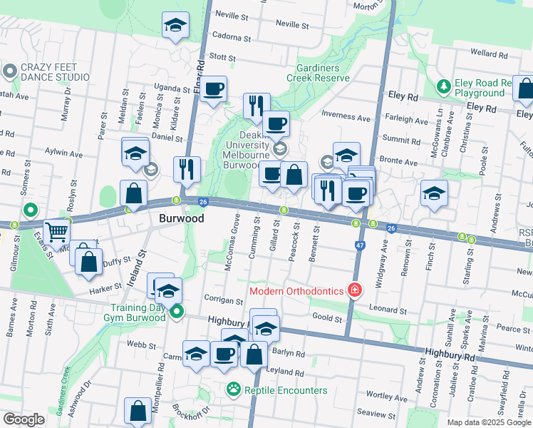 map of restaurants, bars, coffee shops, grocery stores, and more near 222 Burwood Highway in Burwood