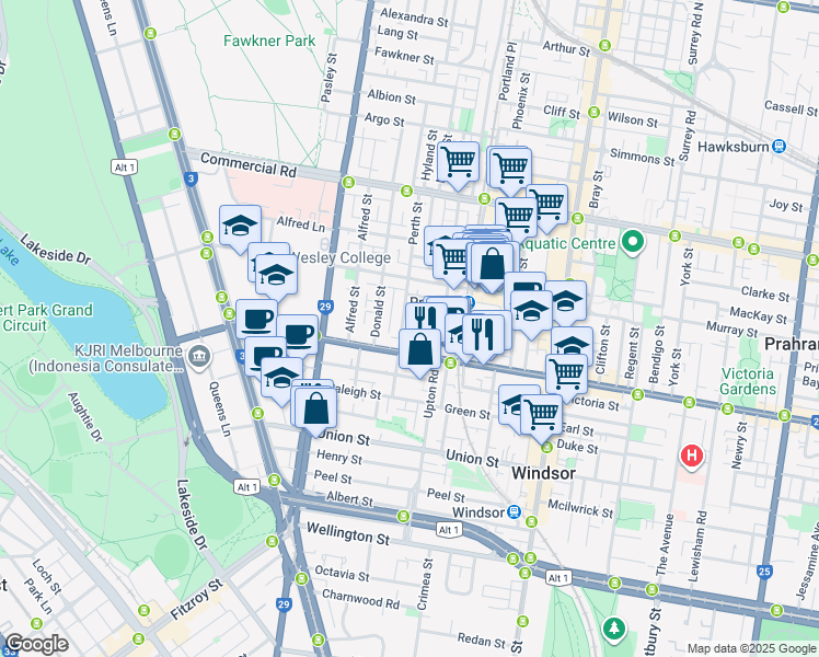 map of restaurants, bars, coffee shops, grocery stores, and more near 8 Perth Street in Prahran