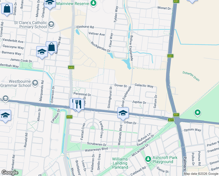 map of restaurants, bars, coffee shops, grocery stores, and more near 45 Sissinghurst Street in Truganina