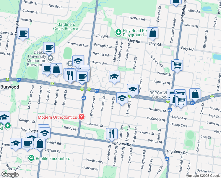 map of restaurants, bars, coffee shops, grocery stores, and more near 2 Yarra Bing Crescent in Burwood