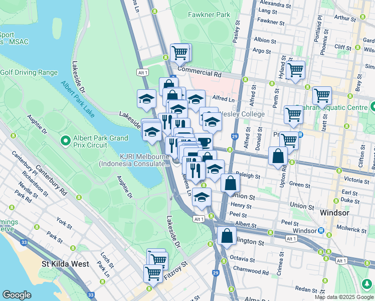 map of restaurants, bars, coffee shops, grocery stores, and more near 600 Saint Kilda Road in Melbourne
