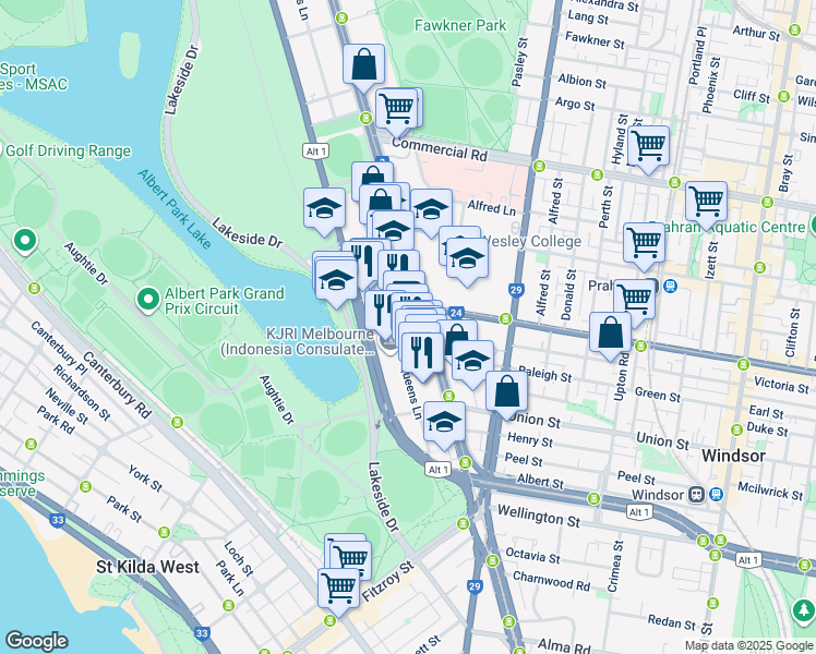 map of restaurants, bars, coffee shops, grocery stores, and more near 600 Saint Kilda Road in Melbourne