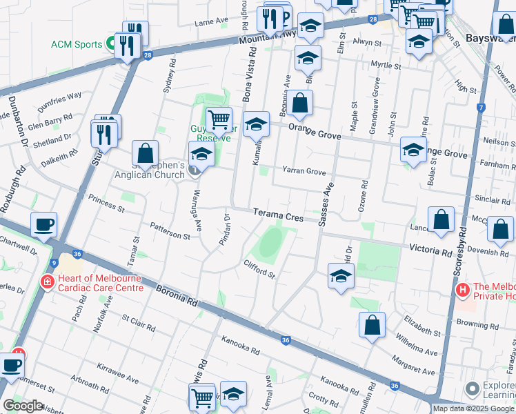 map of restaurants, bars, coffee shops, grocery stores, and more near 31 Terama Crescent in Bayswater