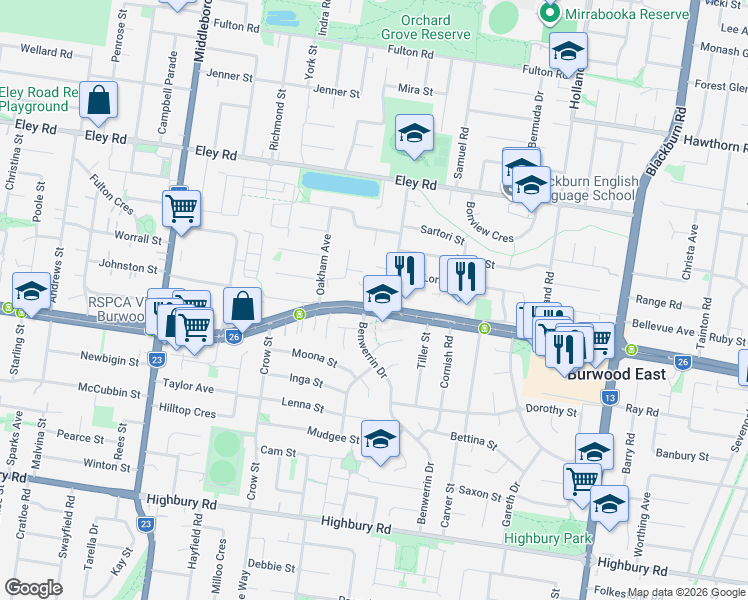 map of restaurants, bars, coffee shops, grocery stores, and more near 113 Burwood Highway in Burwood East
