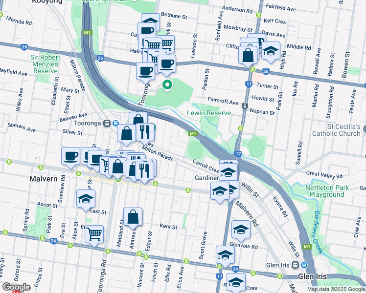 map of restaurants, bars, coffee shops, grocery stores, and more near 1 Clarke Street in Glen Iris