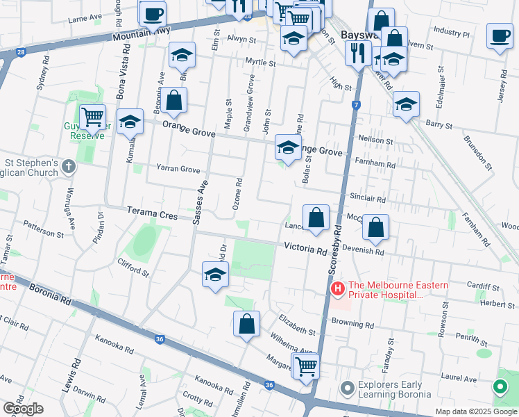 map of restaurants, bars, coffee shops, grocery stores, and more near 11 Wiltshire Avenue in Bayswater