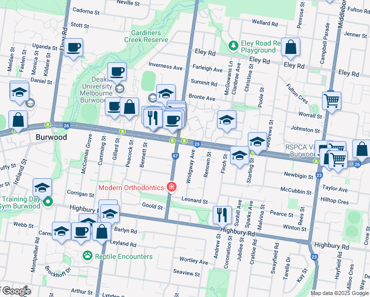 map of restaurants, bars, coffee shops, grocery stores, and more near 300 Burwood Highway in Burwood
