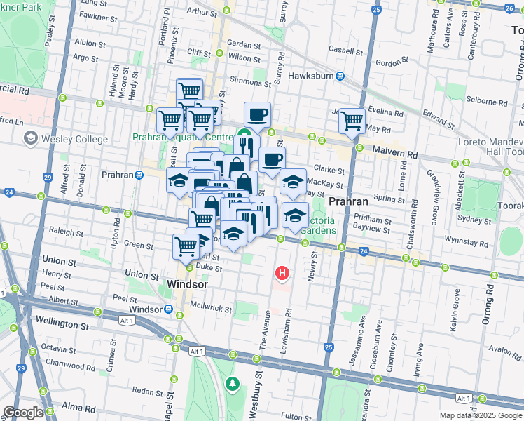 map of restaurants, bars, coffee shops, grocery stores, and more near 22 Bendigo Street in Prahran