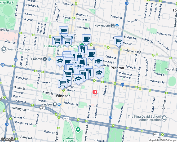 map of restaurants, bars, coffee shops, grocery stores, and more near 22 Bendigo Street in Prahran
