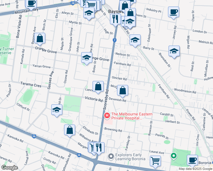 map of restaurants, bars, coffee shops, grocery stores, and more near 88 Scoresby Road in Bayswater