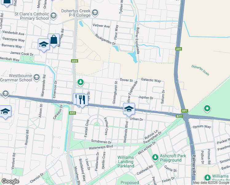 map of restaurants, bars, coffee shops, grocery stores, and more near Sissinghurst Street in Truganina