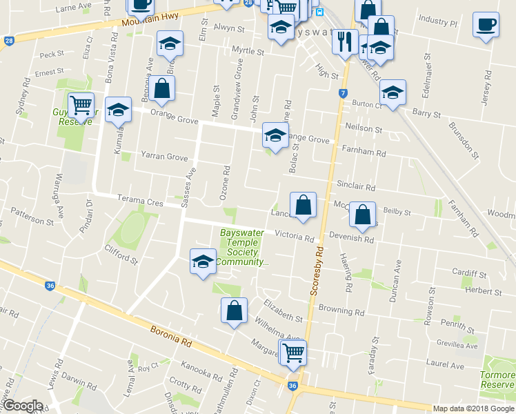 map of restaurants, bars, coffee shops, grocery stores, and more near 18 Lance Road in Bayswater