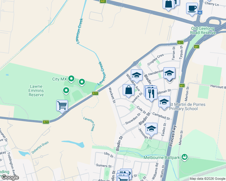 map of restaurants, bars, coffee shops, grocery stores, and more near 1D Wackett Street in Laverton