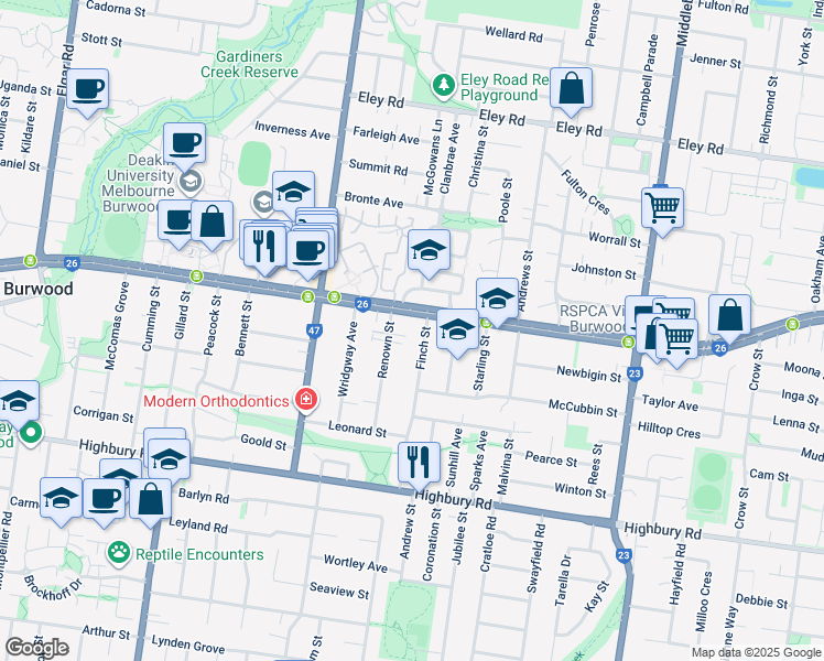 map of restaurants, bars, coffee shops, grocery stores, and more near 2 Finch Street in Burwood