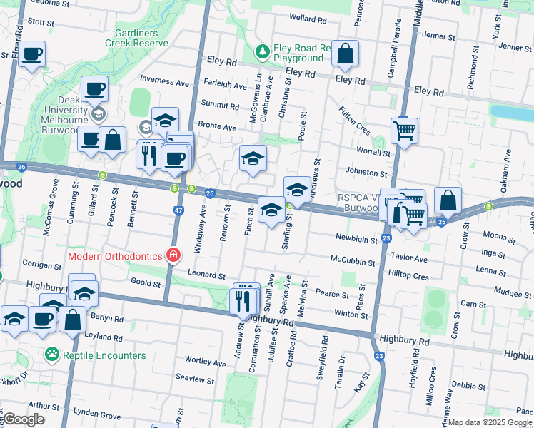 map of restaurants, bars, coffee shops, grocery stores, and more near 2 Pheasant Street in Burwood