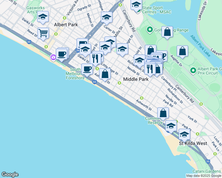 map of restaurants, bars, coffee shops, grocery stores, and more near 205 Beaconsfield Parade in Middle Park