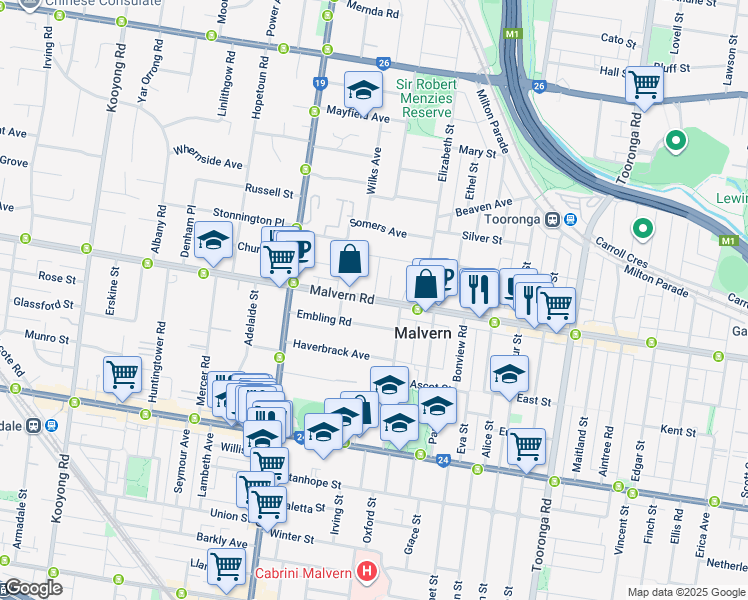 map of restaurants, bars, coffee shops, grocery stores, and more near Malvern Road in Stonnington City