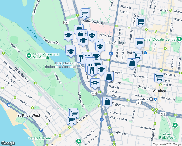 map of restaurants, bars, coffee shops, grocery stores, and more near 616 Saint Kilda Road in Melbourne