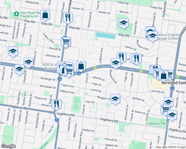 map of restaurants, bars, coffee shops, grocery stores, and more near 5 Moona Street in Burwood East
