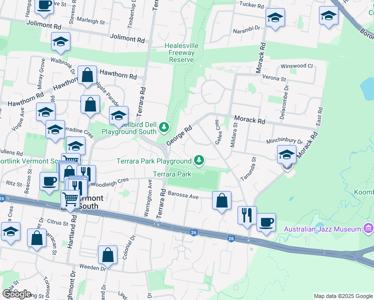 map of restaurants, bars, coffee shops, grocery stores, and more near 5 Renmark Court in Vermont South
