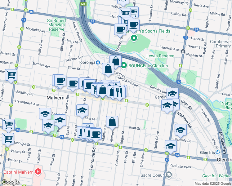 map of restaurants, bars, coffee shops, grocery stores, and more near 6 Creswick Street in Glen Iris
