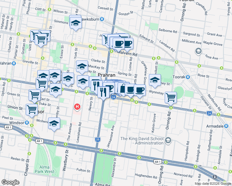map of restaurants, bars, coffee shops, grocery stores, and more near 32 Aberdeen Road in Prahran
