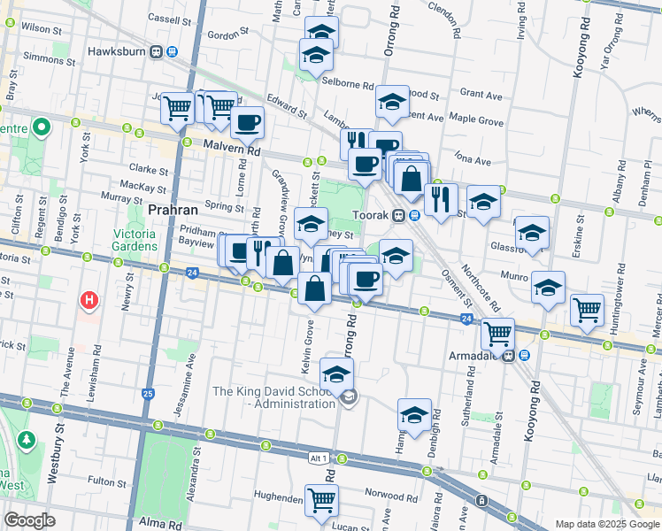 map of restaurants, bars, coffee shops, grocery stores, and more near 30 Wynnstay Road in Prahran