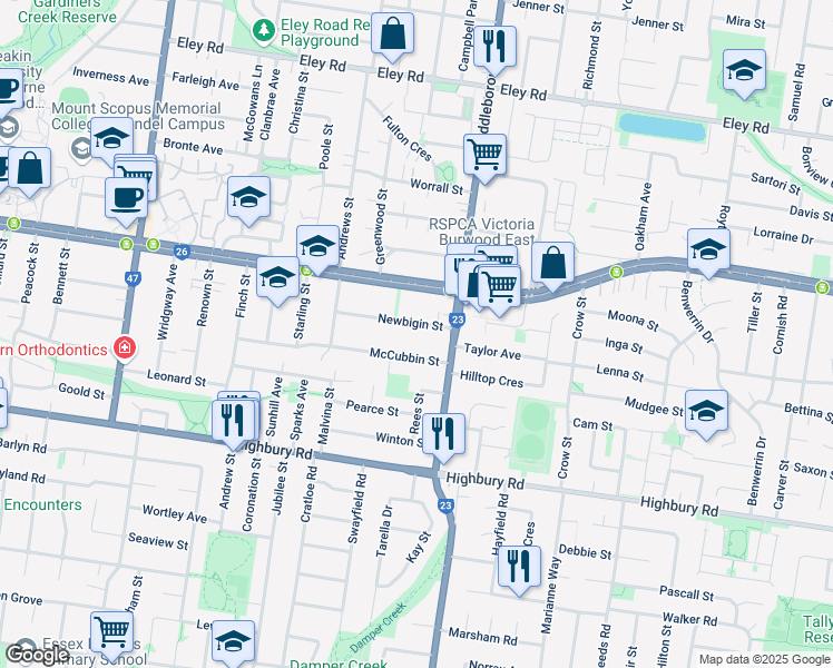 map of restaurants, bars, coffee shops, grocery stores, and more near 7 Newbigin Street in Burwood