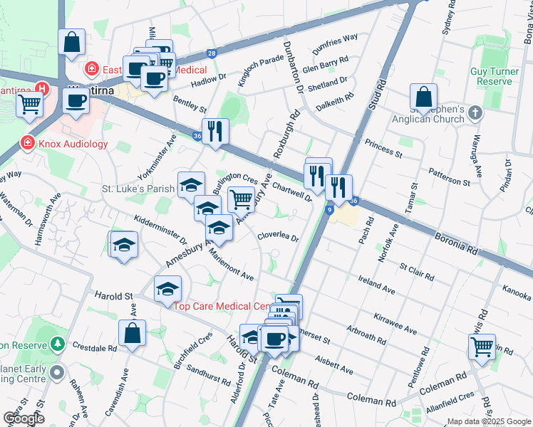 map of restaurants, bars, coffee shops, grocery stores, and more near 4 Haileybury Court in Wantirna