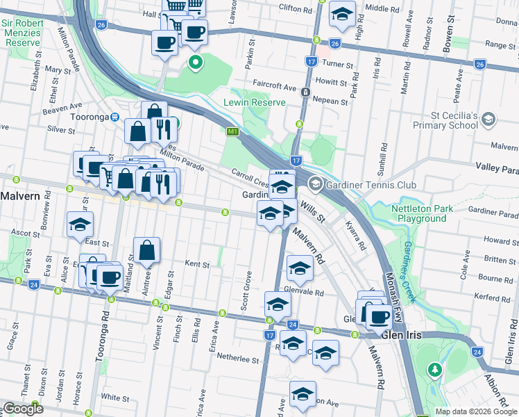 map of restaurants, bars, coffee shops, grocery stores, and more near 1587 Malvern Road in Glen Iris