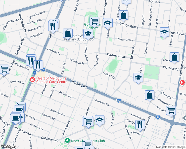 map of restaurants, bars, coffee shops, grocery stores, and more near 5 Mareeba Crescent in Bayswater