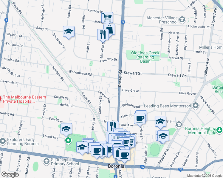 map of restaurants, bars, coffee shops, grocery stores, and more near 317 Dorset Road in Boronia