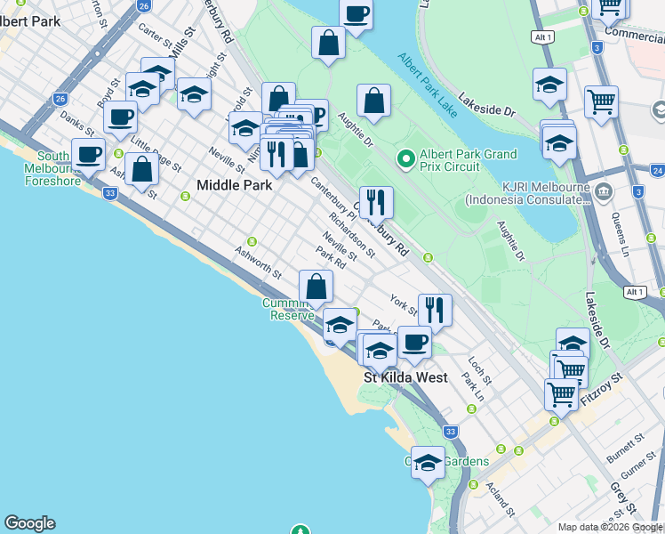 map of restaurants, bars, coffee shops, grocery stores, and more near 46 Park Road in Middle Park