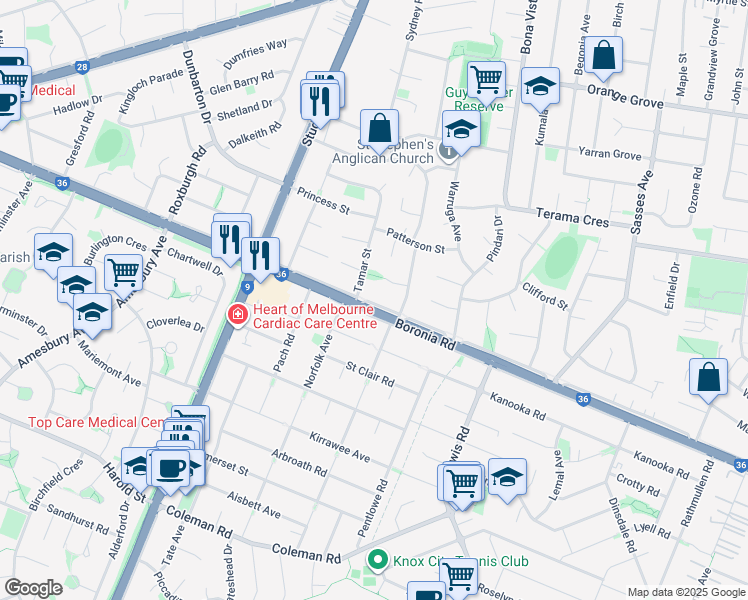 map of restaurants, bars, coffee shops, grocery stores, and more near 449A Boronia Road in Wantirna South