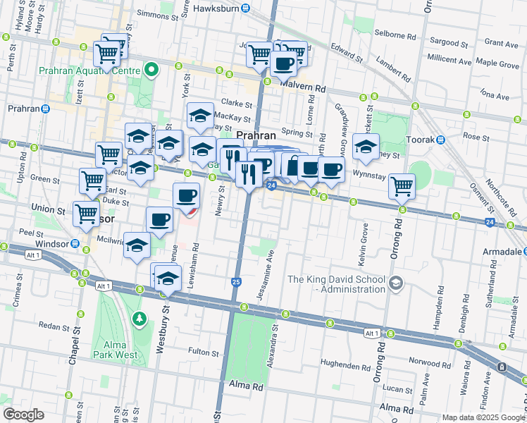 map of restaurants, bars, coffee shops, grocery stores, and more near 13 Arkle Street in Prahran