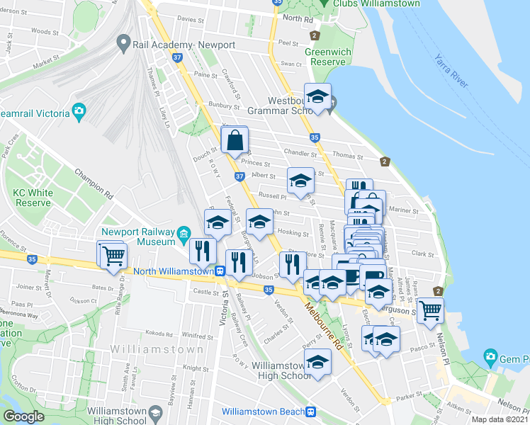 map of restaurants, bars, coffee shops, grocery stores, and more near 148A Melbourne Road in Williamstown