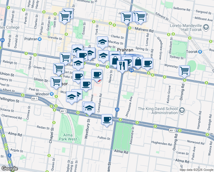 map of restaurants, bars, coffee shops, grocery stores, and more near 27 Newry Street in Windsor