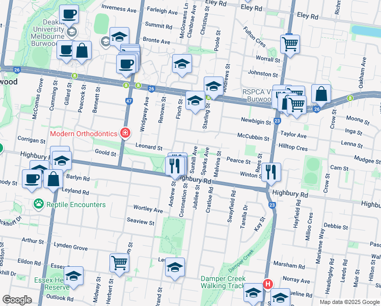 map of restaurants, bars, coffee shops, grocery stores, and more near 17 Sunhill Avenue in Burwood