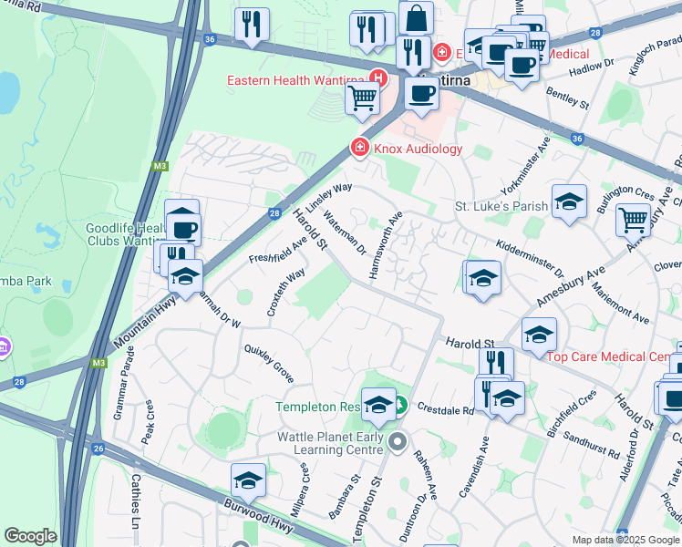 map of restaurants, bars, coffee shops, grocery stores, and more near 143-157 Harold Street in Wantirna