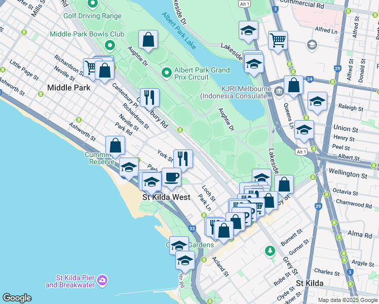 map of restaurants, bars, coffee shops, grocery stores, and more near in Saint Kilda West