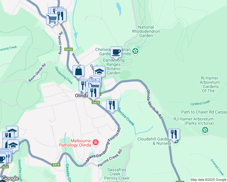 map of restaurants, bars, coffee shops, grocery stores, and more near 26 Olinda-Monbulk Road in Olinda