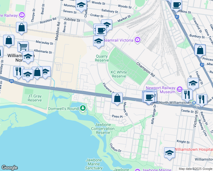 map of restaurants, bars, coffee shops, grocery stores, and more near 54 Florence Street in Williamstown North