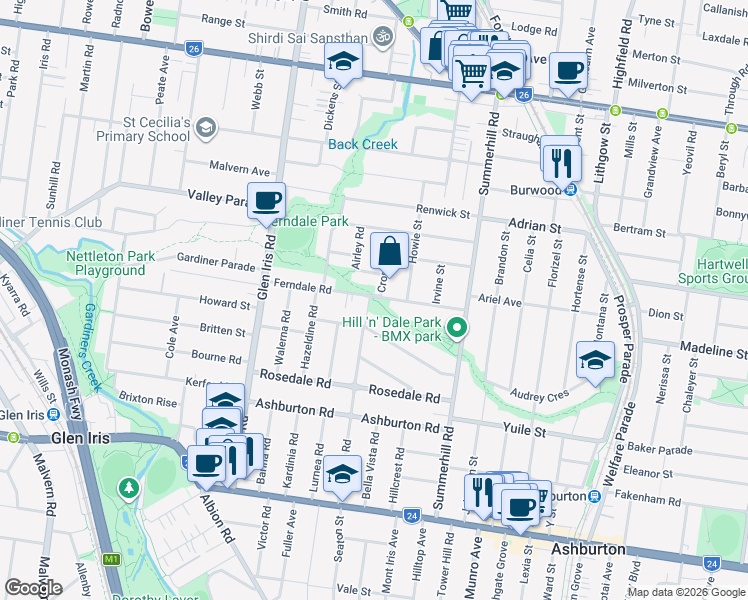map of restaurants, bars, coffee shops, grocery stores, and more near Ferndale Trail in Glen Iris