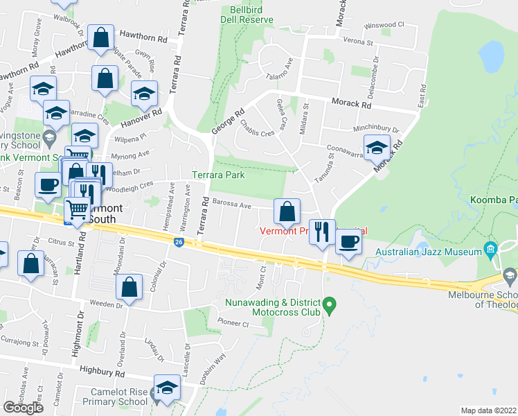 map of restaurants, bars, coffee shops, grocery stores, and more near Barossa Avenue in Vermont South