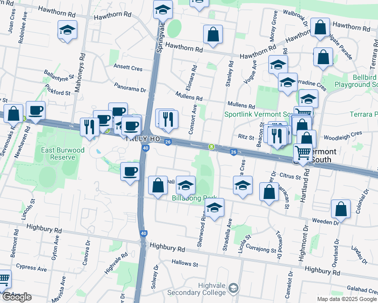 map of restaurants, bars, coffee shops, grocery stores, and more near 406 Burwood Highway in Vermont South