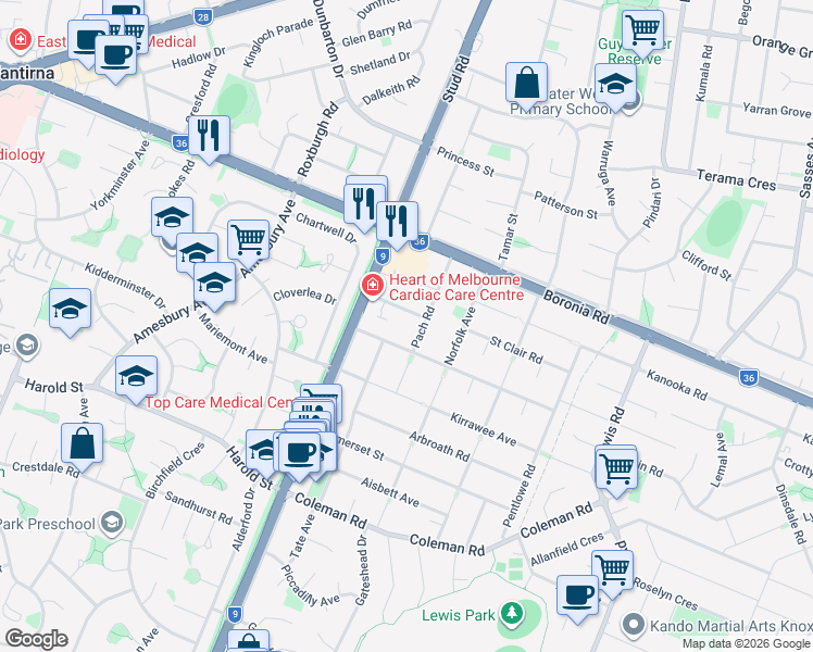 map of restaurants, bars, coffee shops, grocery stores, and more near 18 Pach Road in Wantirna South
