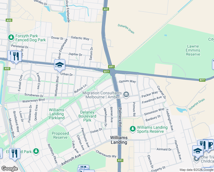 map of restaurants, bars, coffee shops, grocery stores, and more near 8 Cresswell Avenue in Williams Landing